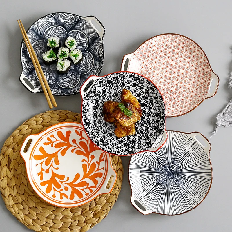 

Japanese double ear dish, ceramic underglaze color dim sum European style simple family dish with two ears