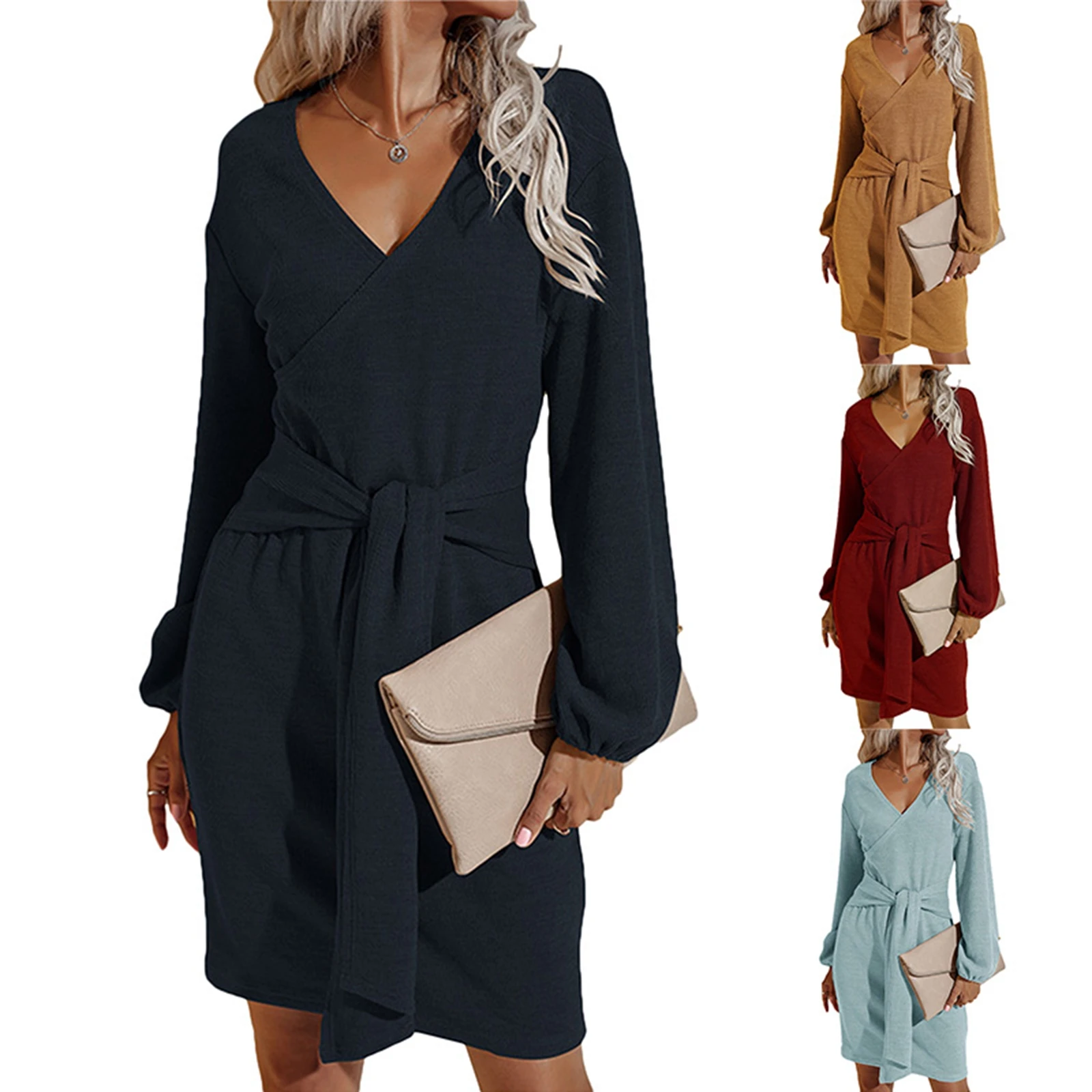 

Женское трикотажное платье IMCUTE Y2K, винтажное элегантное платье на шнуровке, с глубоким V-образным вырезом и длинным рукавом, повседневное об...