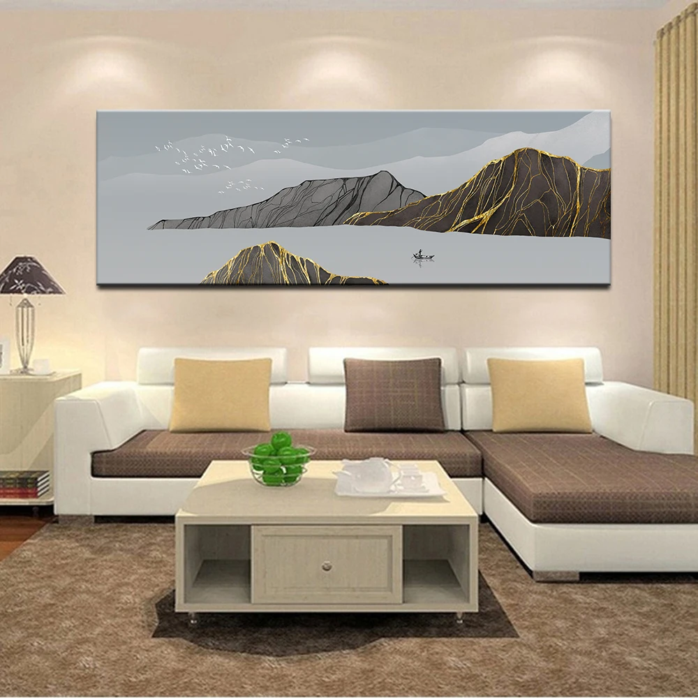 

Nordic Abstract Geometric Mountain Landscape Wall Art Canvas Painting Flat Boat Art Poster Print Wall Picture for Living Room