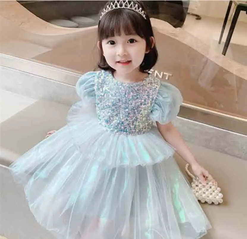 

Cultiseed Baby Girls Cute Sweet Color Sequined Puff Sleeve Mesh Ball Gowns Birthday Party Princess Dress Clothing Children Kids