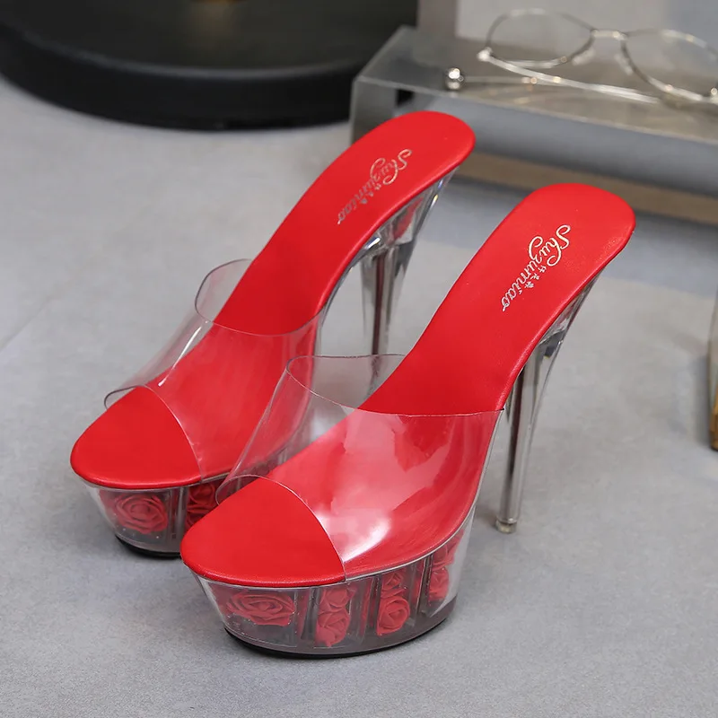 

2020 nightclub super high heels rose sandals women's shoes show steel pipe dance shoes crystal bottom waterproof
