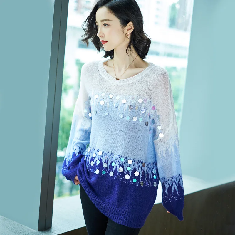 

New ladies sweater 2020 new style loose casual gradient color heavy craft sequin pullover sweater