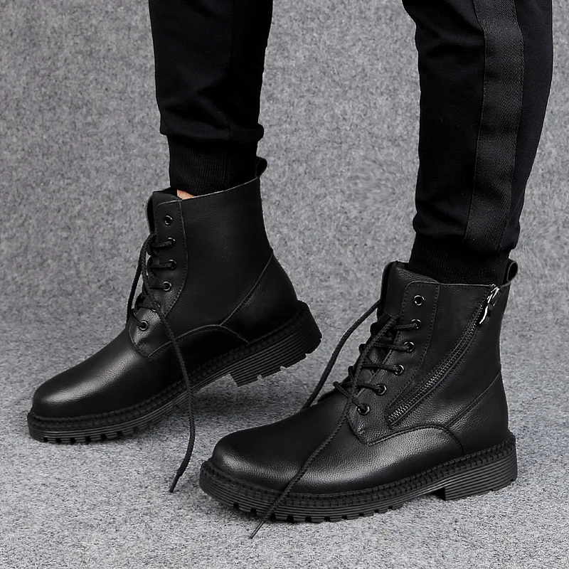 Men boots genuine Leather Boots Male Winter plush Casual martin boots Ankle Botas Men Lace-Up brand Man Fashion Men snow Boots