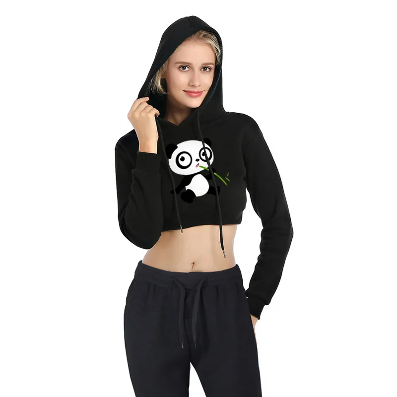 Cartoon Panda Printing Spring Autumn Women Short Hoodies Fleece Street Style Casual Slim Navel Crop Female Sweatshirt Top S-2XL