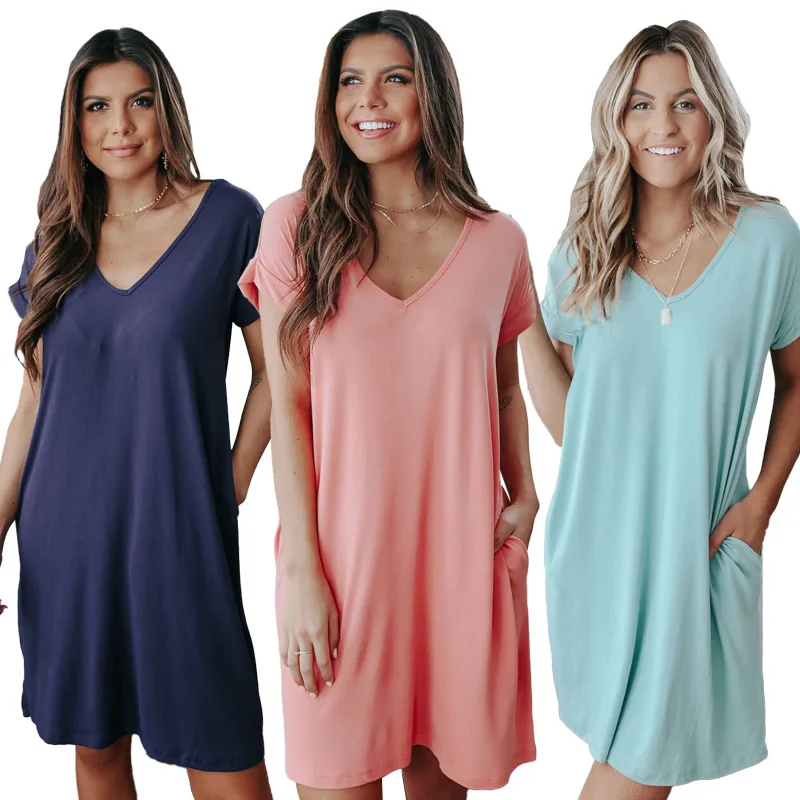 

2021 New Summer Solid Color Cotton V Neck With Pocket Knee Length Comfortable Viscose Casual Loose Tee Dresses Homewear