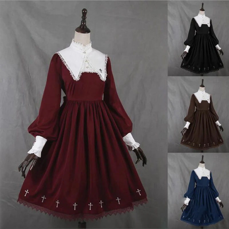 

gothic Kawaii Medieval girl gothic vintage sweet lolita dress lace stand puff sleeve high waist victorian dress lolita op loli