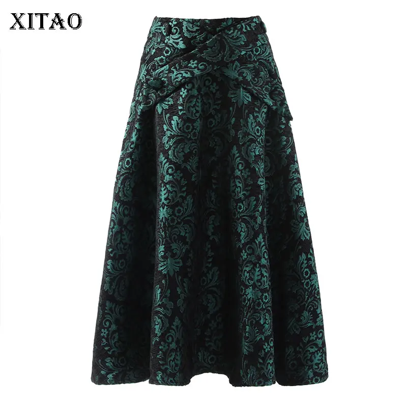 

XITAO Vintage Jacquard Skirt Women Fashion Cross Tuck The Abdomen A-LINE Skirt Temperament Autumn Winter All-match WLD6541