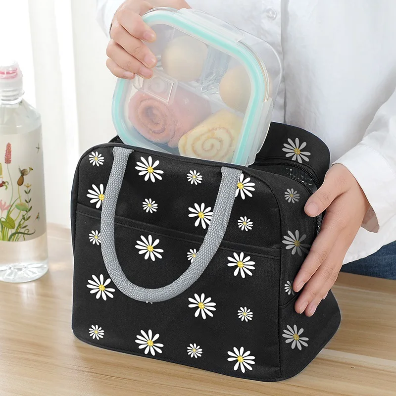 Women's Portable Daisy Printing Thermal Bag for Lunch Large Capacity Work Food Container Fridge Picnic Insulated Cooler Pouch