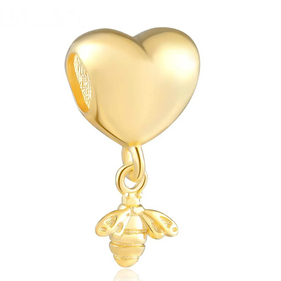 Аутентичные S925 с изображением золотых сердец и пчелы Кулон бусина Подвеска Шарм