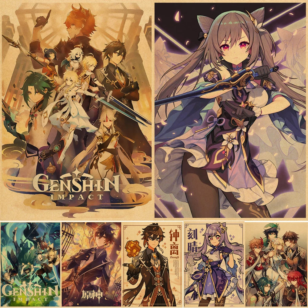 

Game Genshin Impact Poster Vintage Cartoon Keqing Kraft Paper High Quality Home Art Print Wall Sticker Decoration Painting
