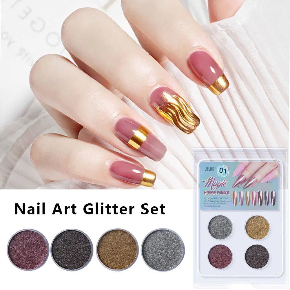 4 цвета ногтей мерцающая пудра Блестящий металлический зеркальный эффект