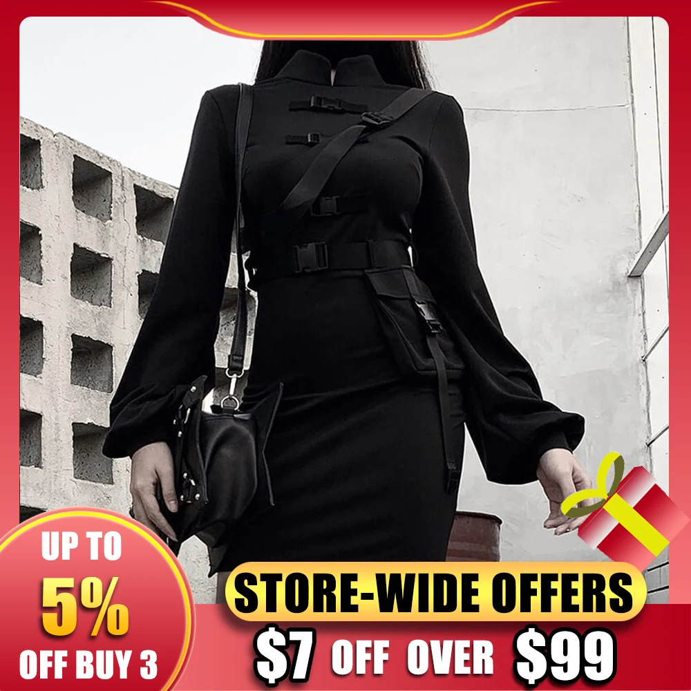 

Cool Dark Style Dresses Anime Imitation Women'S Clothing High Waist Stand Up Collar Hip Dress Functional Style With Accessories