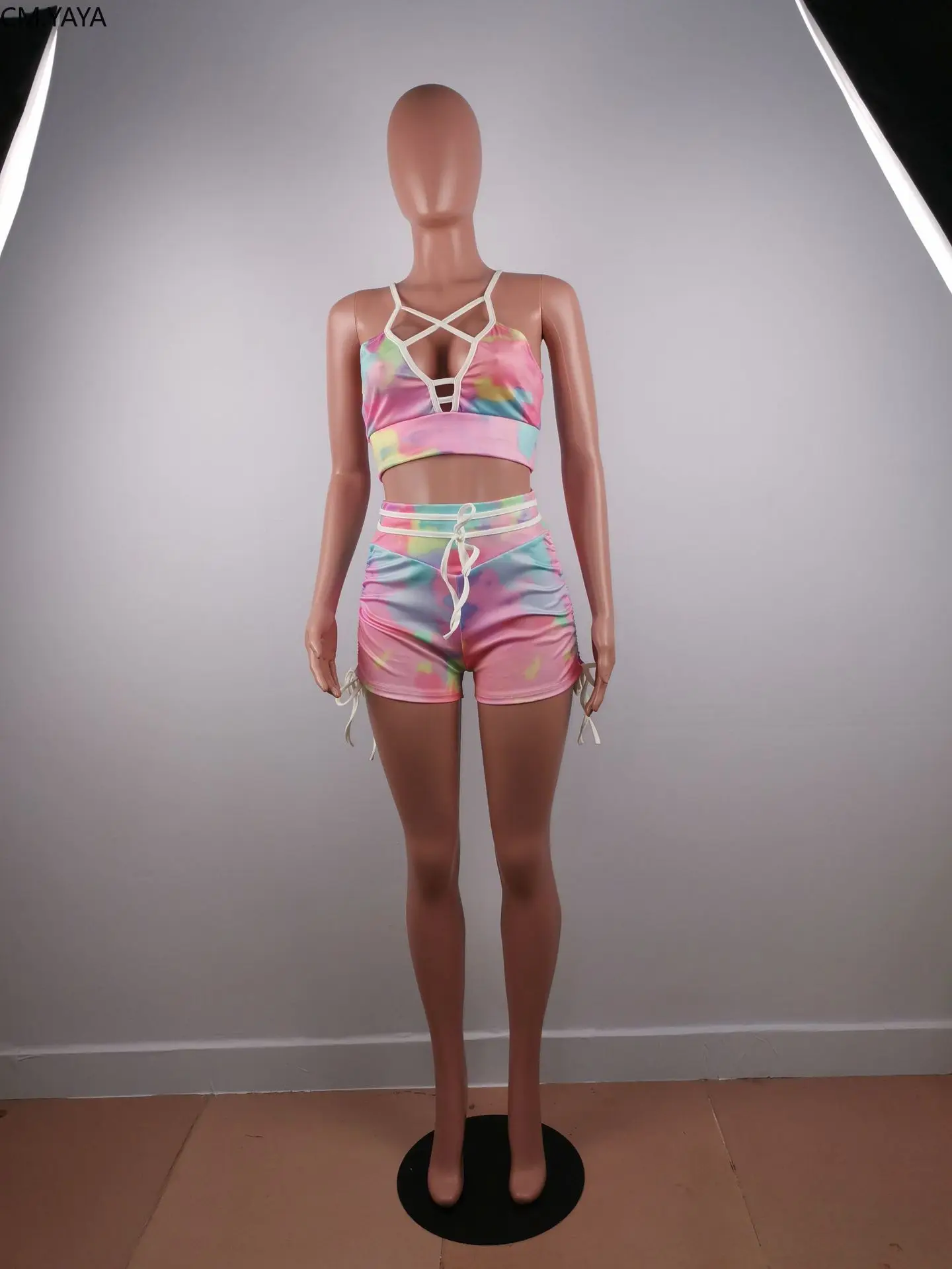 Женский комплект из двух предметов CM.YAYA укороченный топ на завязках с принтом в