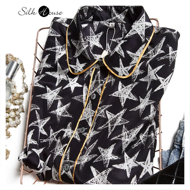 

Маленькая публичная дизайнерская шелковая французская шелковая рубашка с отложным воротником с пентаграммой и золотистой стороной