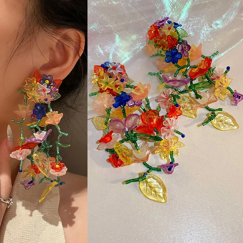 

Женские летние серьги-подвески из акрилового стерлингового серебра с цветами и бусинами