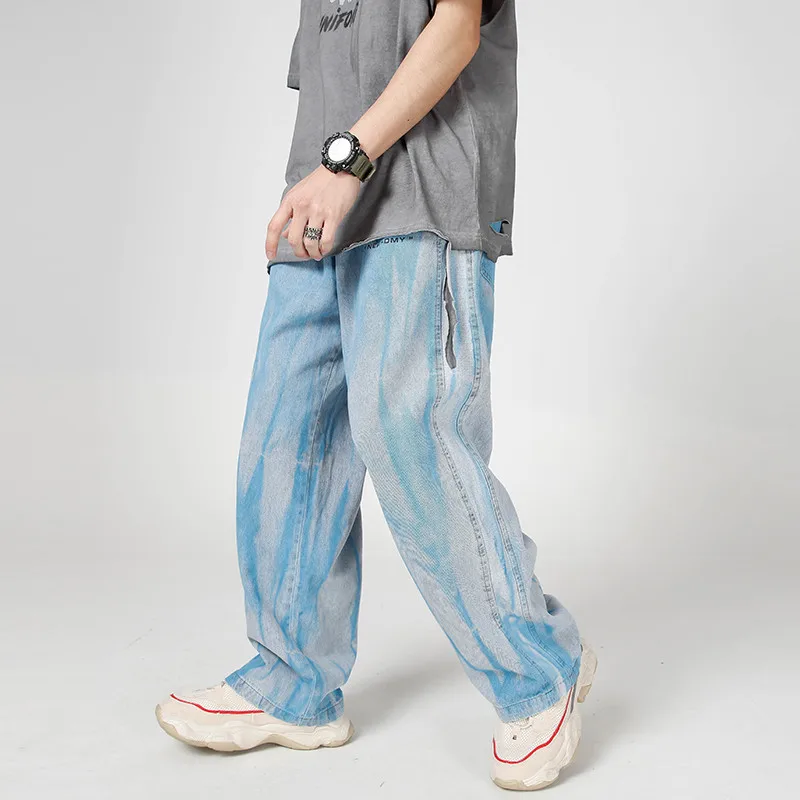 

2020 Hip Hop Denim Pants Men Streetwear Harajuku Illusion Tie Dye Baggy Denim Pants Light Blue Autumn Fashion Trousers