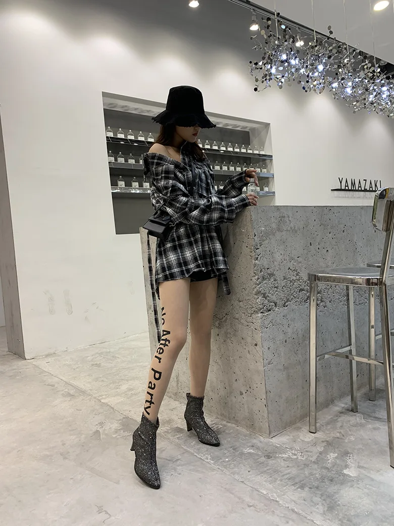 KASURE черные колготки тату буквы женские нейлоновые прозрачные сексуальные чулки