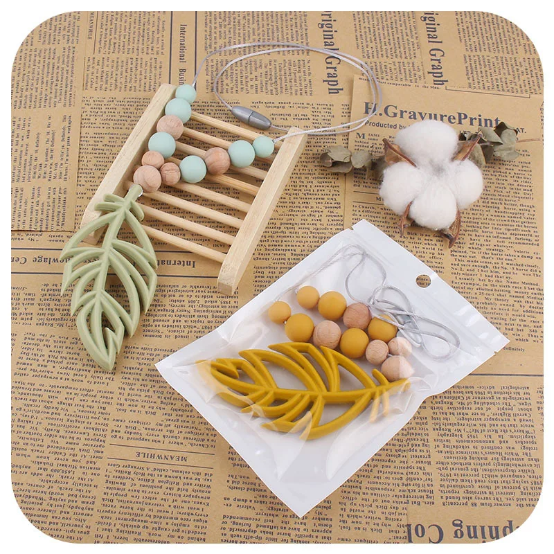 Coskiss-collar de silicona con forma de hoja para beb&eacute;, mordedor sin BAP, collar de silicona para madre, juguete de dentici&oacute;n para amamantar-4