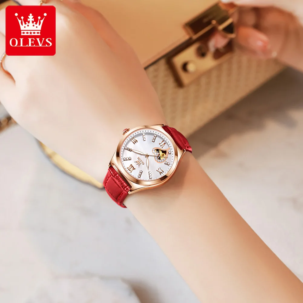 OLEVS Women Automatic Mechanical Watch Luxury Brand Leather Ladies Watch Rhinestone Skeleton Wristwatch Senhoras Assistir Reloj enlarge