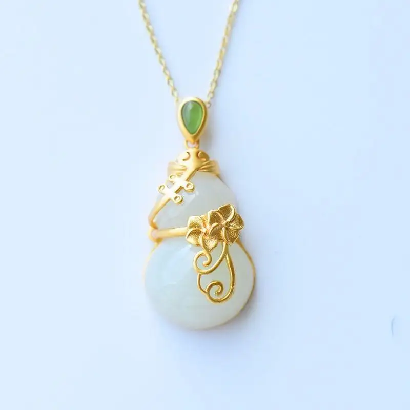 

Natural Hetian White Jade Gourd Inlaid S925 Sterling Silver Ancient Style Thick Gold Cheongsam Pendant Color Retention Lasting