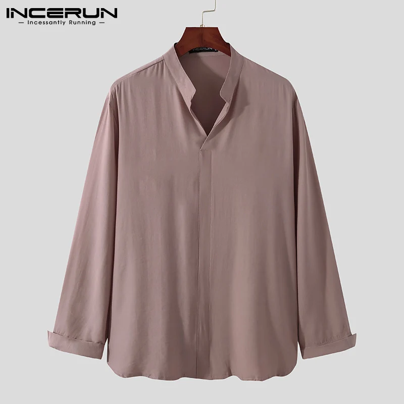 INCERUN 2023 New Japan Korea Style Handsome Men's Camisa Loose Stand-up Collar Solid Comfortable Color Long-sleeved Shirt S-3XL