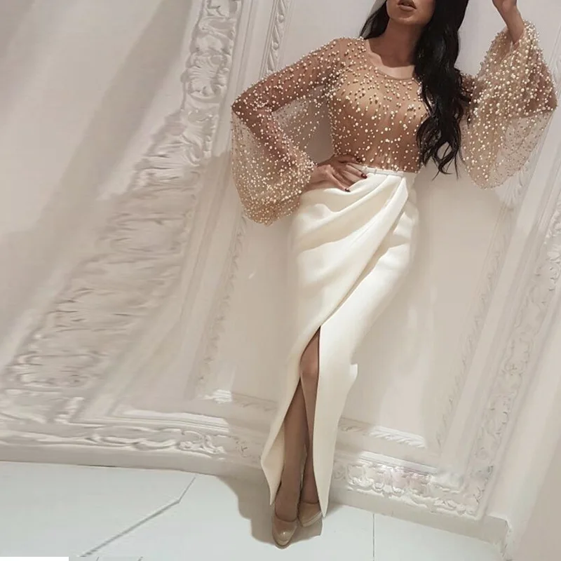 

2020 White Sexy Crew Neck Splicing Temperament Commuting Polka Point Middle-waisted Slit Long Sleeves Asymmetry Dress Longuette
