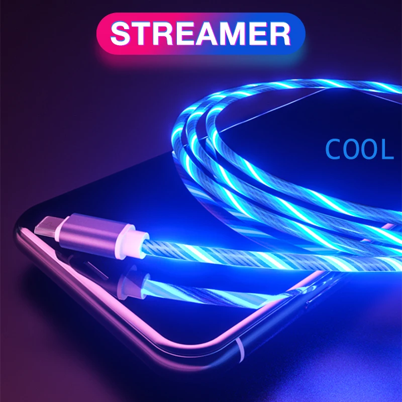 Светящийся светодиодный кабель Micro USB Type C длиной 1 м 2 А для Xiaomi Huawei Samsung S9 Android