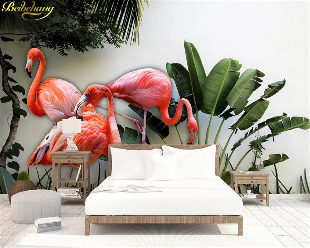 beibehang Custom 3d wallpaper mural Nordic minimalistic tropical plant banana leaf 3D flamingo background wall papel de parede |