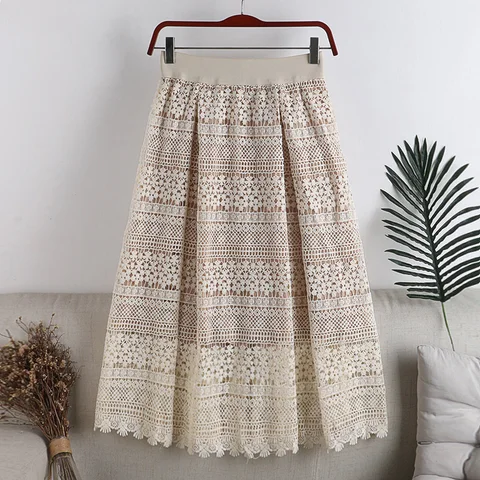 Женская юбка средней длины, демисезонная трапециевидная юбка в стиле девушки Мори с высокой талией, тонкая кружевная юбка на молнии с вышивкой крючком