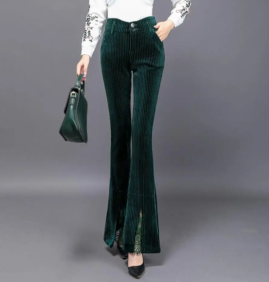 

Women's gold corduroy flared pants new spring autumn High Waist Slim Fashion Boot Cut Pants plus size s302