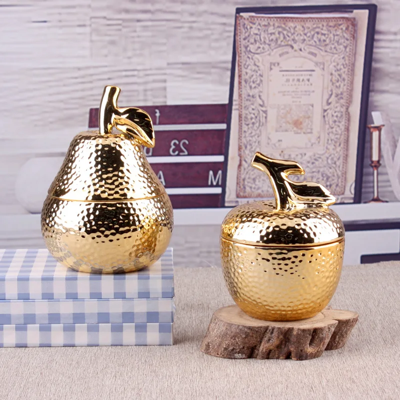 

Creative Gold Apple Pear Ceramic Sealing Jar Kitchen Tea Sugar Spice Storage Tank MINI Jewelry Box Home Storage Decore for Gift