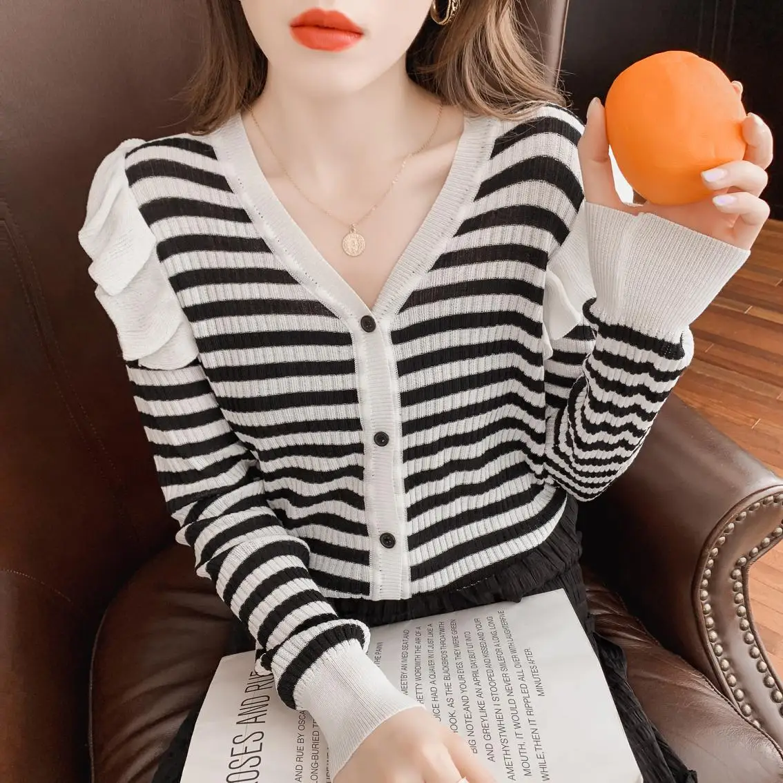 

Striped Black Korean Style Fashion Cardigan For Women'S Ladies Autumn Winter 2021 Clothing Sweater Tops Blouse Female Coat