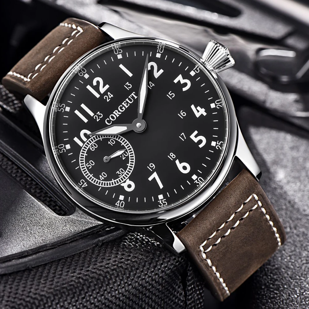 

Top brand Corgeut 44mm Black dial Luminous Hand Winding Mechanical Watch 6497 movement 316 stainless steel waterproof
