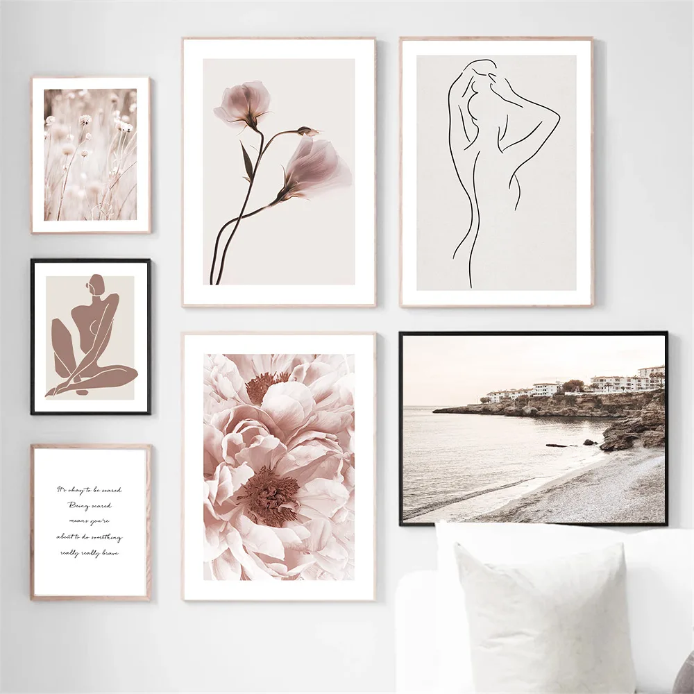 

Beach Architecture Landscape Wall Art Poster Pink Flower Plant Art Print Women Body Line Draw Quotes Canvas Painting Home Decor