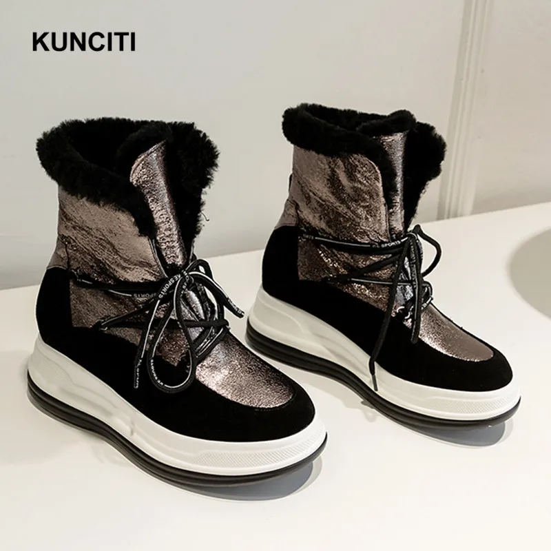 KUNCITI/; зимняя обувь; женские зимние ботильоны на шнуровке; ботинки из натуральной кожи на танкетке; модная дизайнерская теплая обувь на меху; D9182