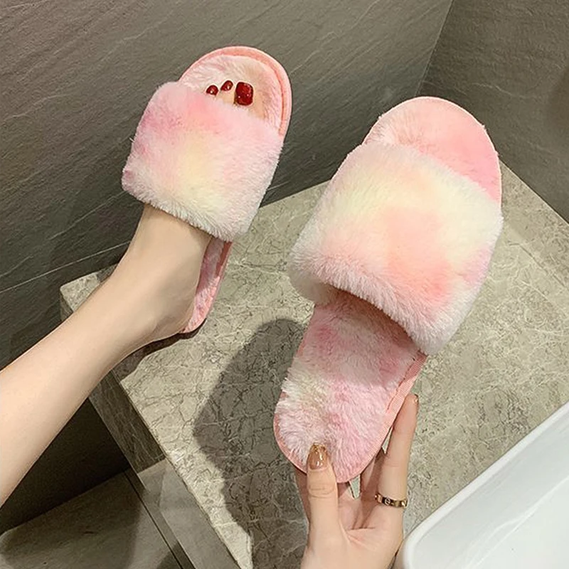 Furry Fur Slippers Women Fluffy Flip Flops Faux Fur Fuzzy Slides Plush House Slippers Ladies Cozy Flat Sandals Female Home Shoes