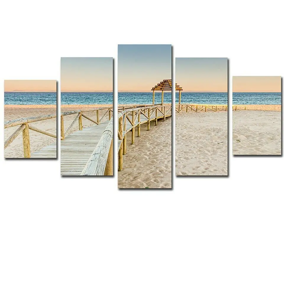 

5Pcs Wooden Path Beach Seascape Poster Canvas Picture Print Wall Art Canvas Painting Wall Decor for Living Room No Framed