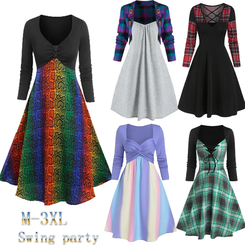 

1950S Women Plaid Vintage Dresses M-3XL Mock Button Jersey Long Sleeve A-Line Flare Dress Swing Party Robe Vestidos