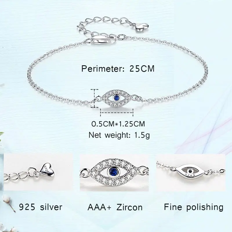 Браслет KALETINE Lucky Eye, браслеты из стерлингового серебра 925 пробы для женщин, голубые глаза, CZ, индейка, регулируемое мужское ювелирное изделие KLTB099