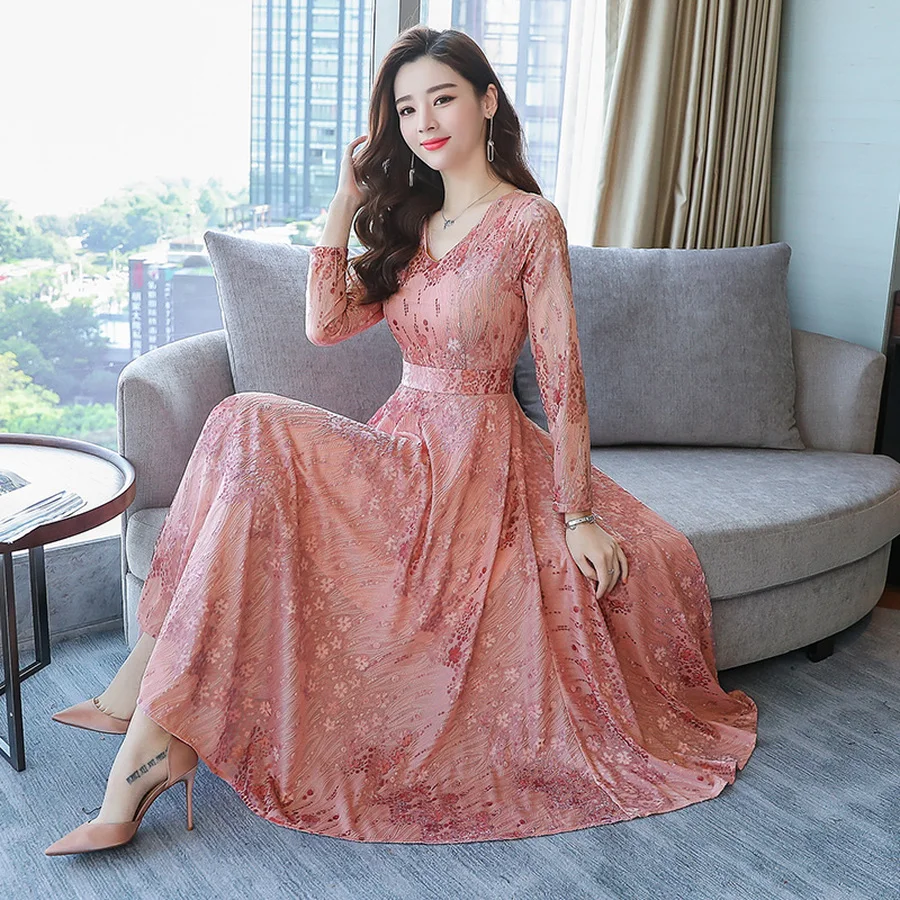 Винтажные однотонные платья миди Осень зима 2020 Женское Платье макси с длинным