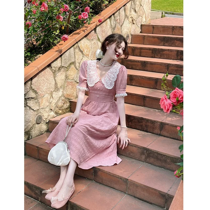 

Платье Персиковое розовое, французское винтажное платье с вышивкой на воротнике, Женская юбка natsushio с пышными рукавами