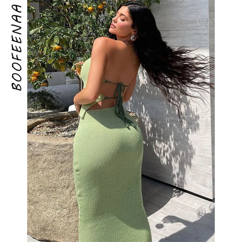 

Бодикон BOOFEENAA, облегающее платье, зеленый трикотажный сексуальный комплект из двух предметов, шнуровка, воротник хомут, открытая спина, женс...