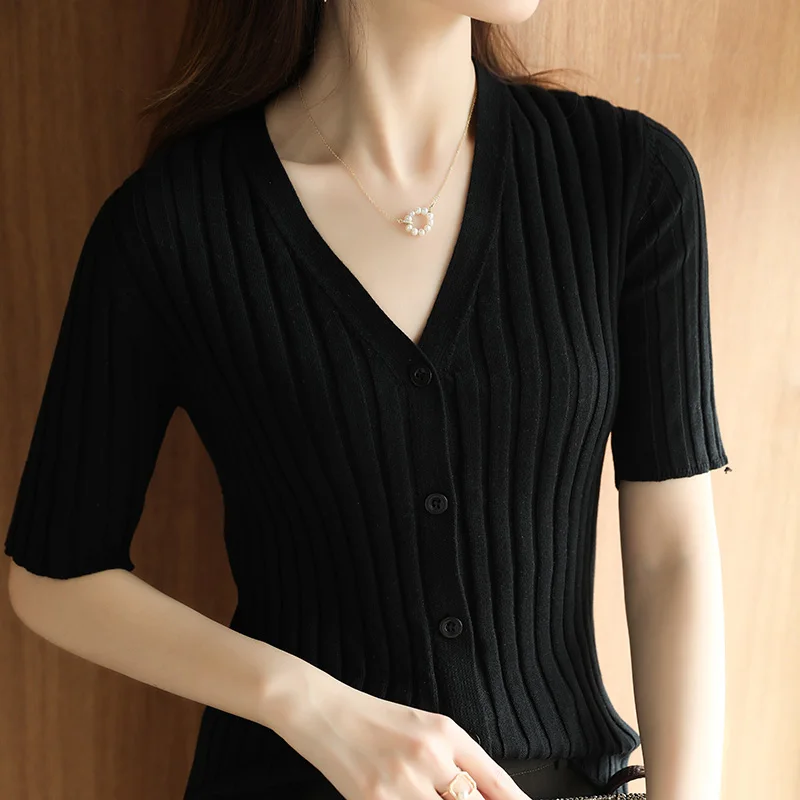 

2021 Summer New V-Neck Short-Sleeved Knit Cardigan Women's Pure Cotton Thread Pit Strip Half-Sleeved T-Shirt Thin Slim Short Top