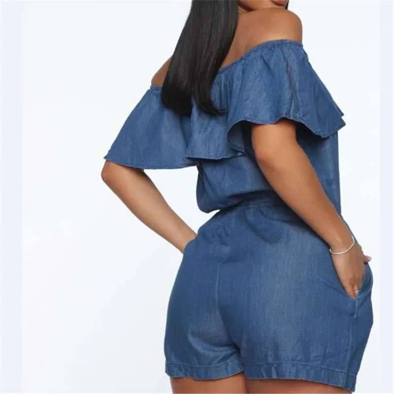 

Women Off Shoulder Romper Slash Neck Stylish Casual Jumpsuit Short Pants Overalls Ruffle Collar Loose Pocket Jumpsuit Streetwear