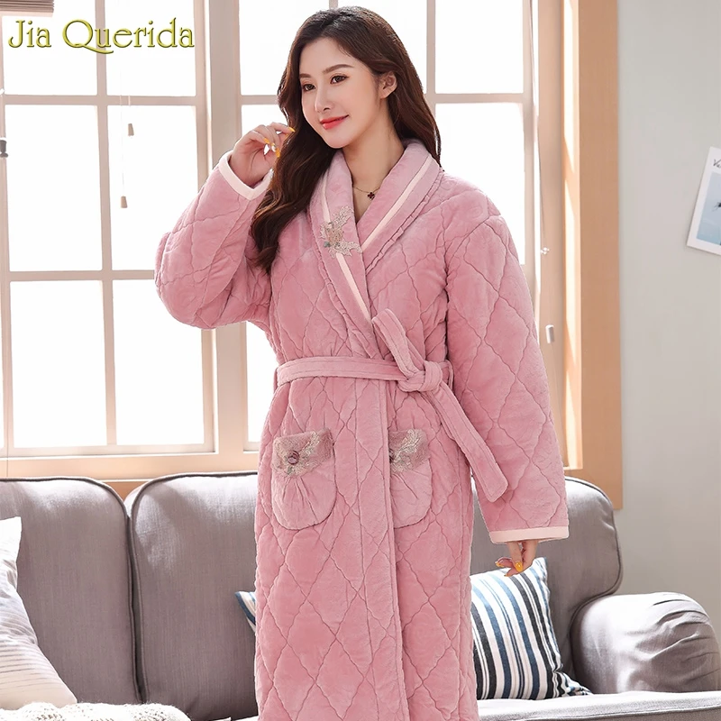 Бархатный халат с вышивкой женское качественное ночное белье 3 слоя флиса