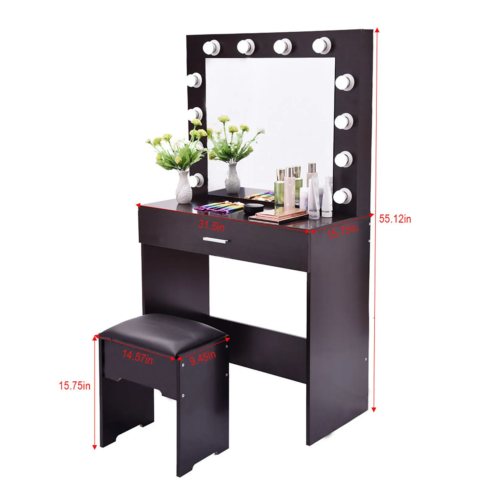 

Vanity Set Makeup Dressing Table With 12 LED Lights Vanity Desk Cosmetic Dresser w/ Large Square Mirror and Cushioned Stool