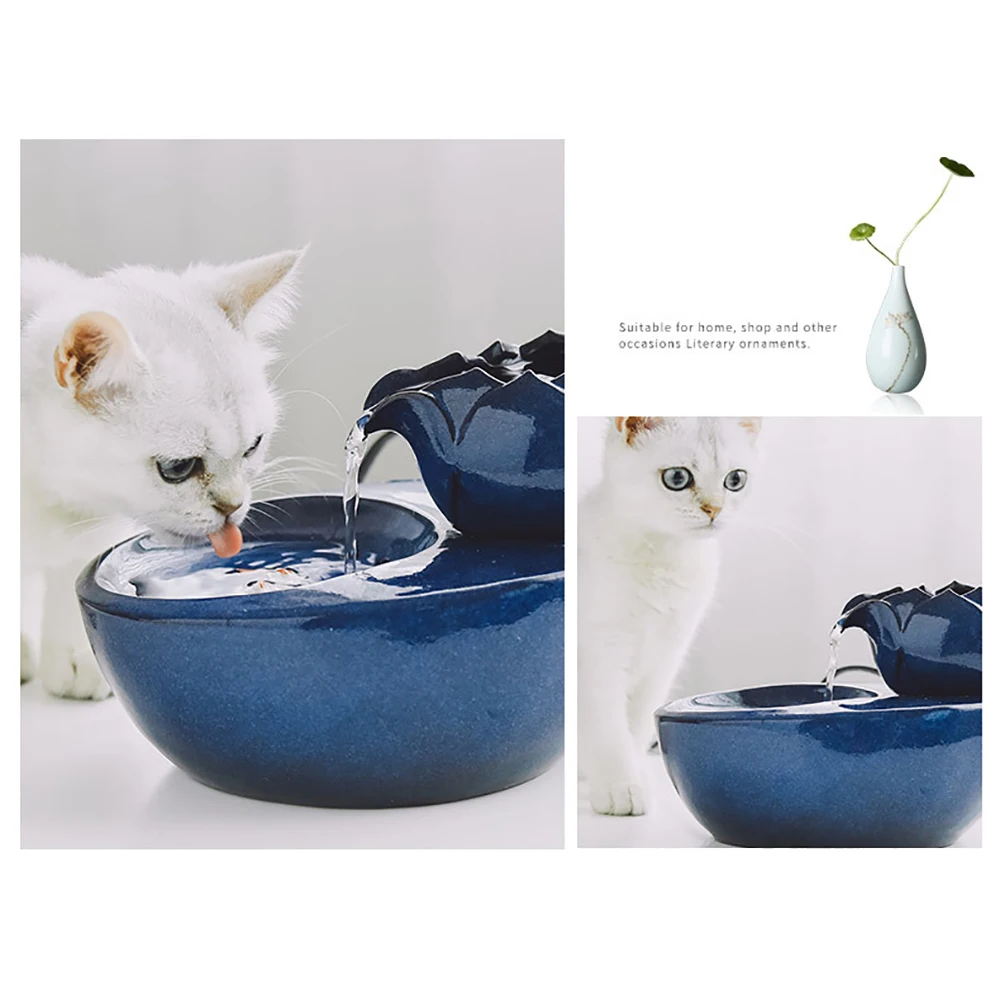 

Cat Ceramic Fountain Dispenser Pet Cat Drinking Water Fountain Lotus Flower Cat Pet Drinker Bowl Feeding Water Bowl EU Plug