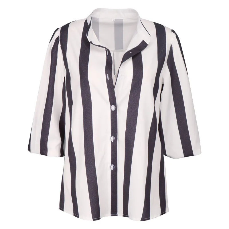 

Stripe Print Short Sleeve Blouses Women Summer Casual V Neck Button Loose Shirts Tops Elegant Office Ladies Black White Blouses