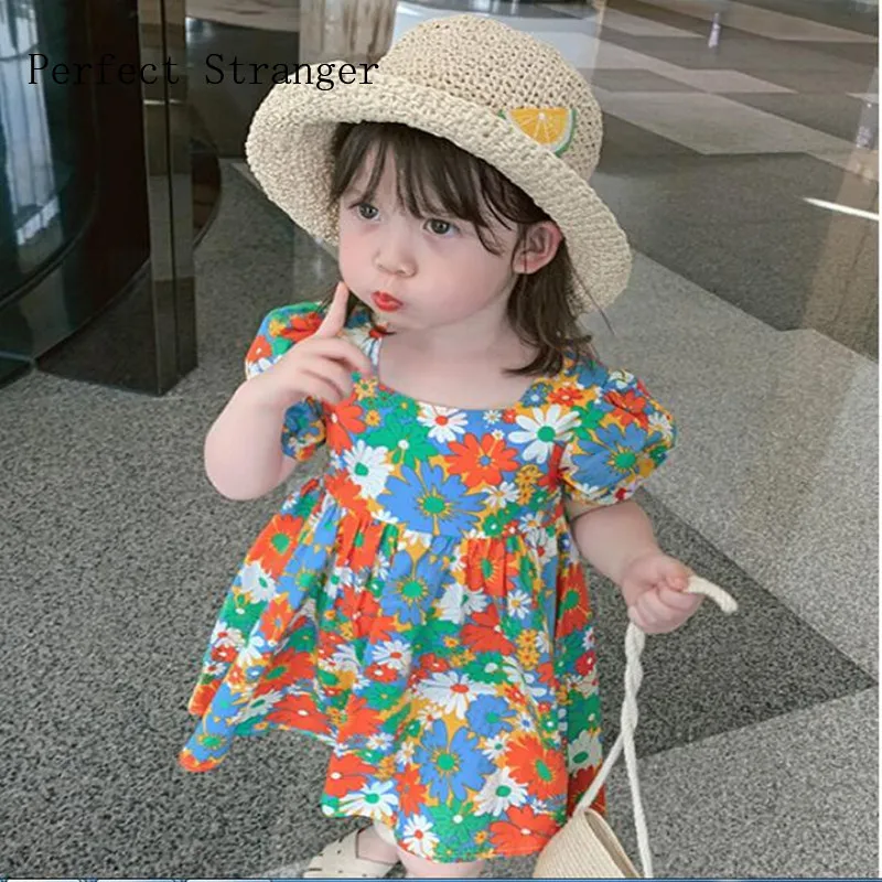 

2021 Summer New Arrival High Quality Seaside Style Round Collar Flower Printed Backless Puff Sleeve Baby Girl Dress