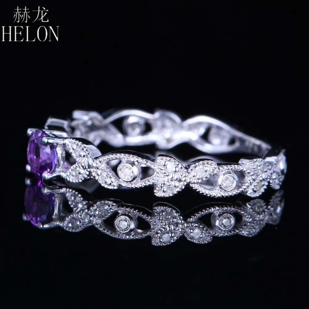 

HELON Solid 14K White Gold AU585 Flawless 4mm Round Cut Natural Amethyst Diamonds Engagement Ring Women Valentine's Day Gift